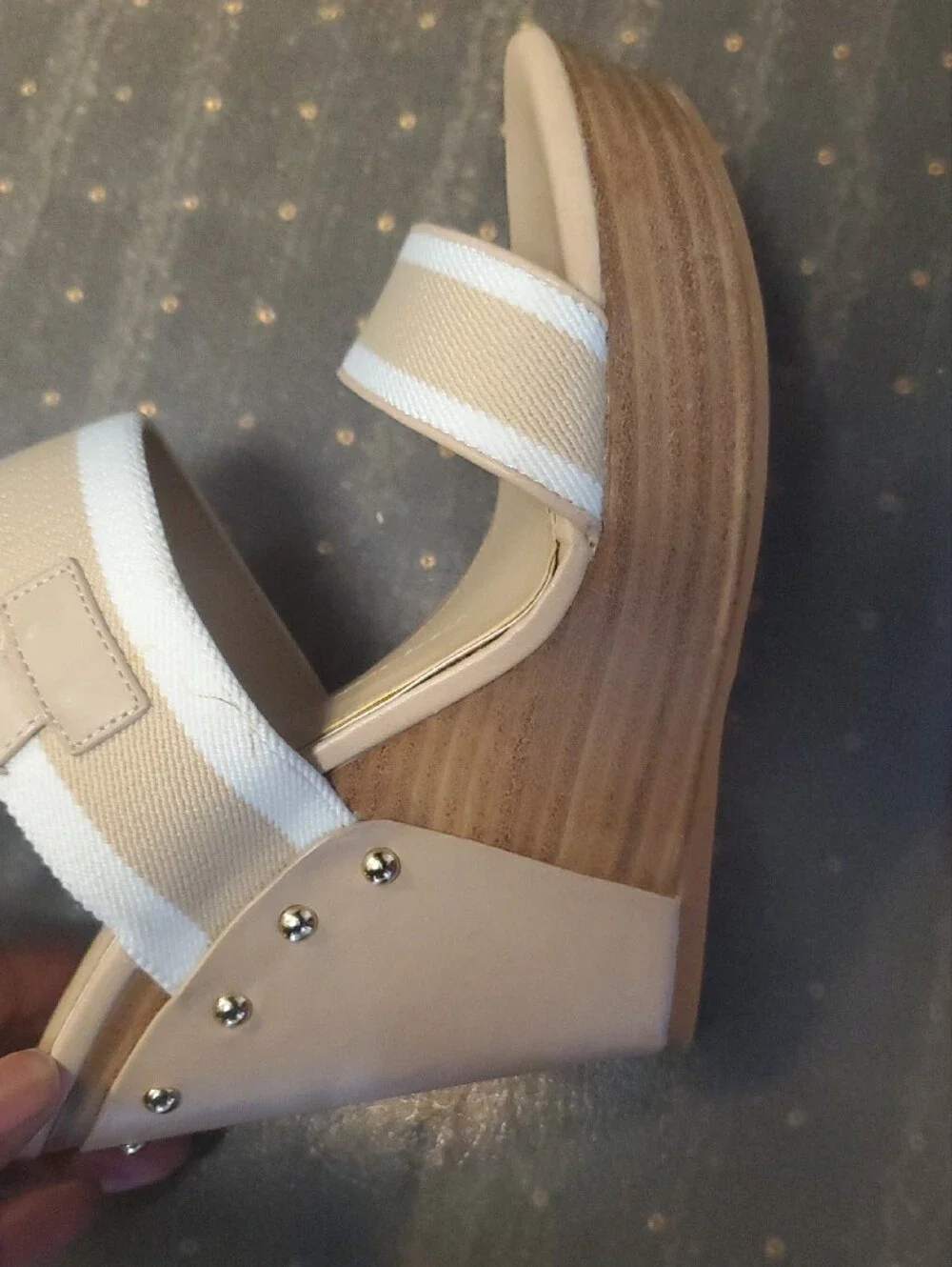 Gianni Bini Beige and White Strappy Block Heel Sandals